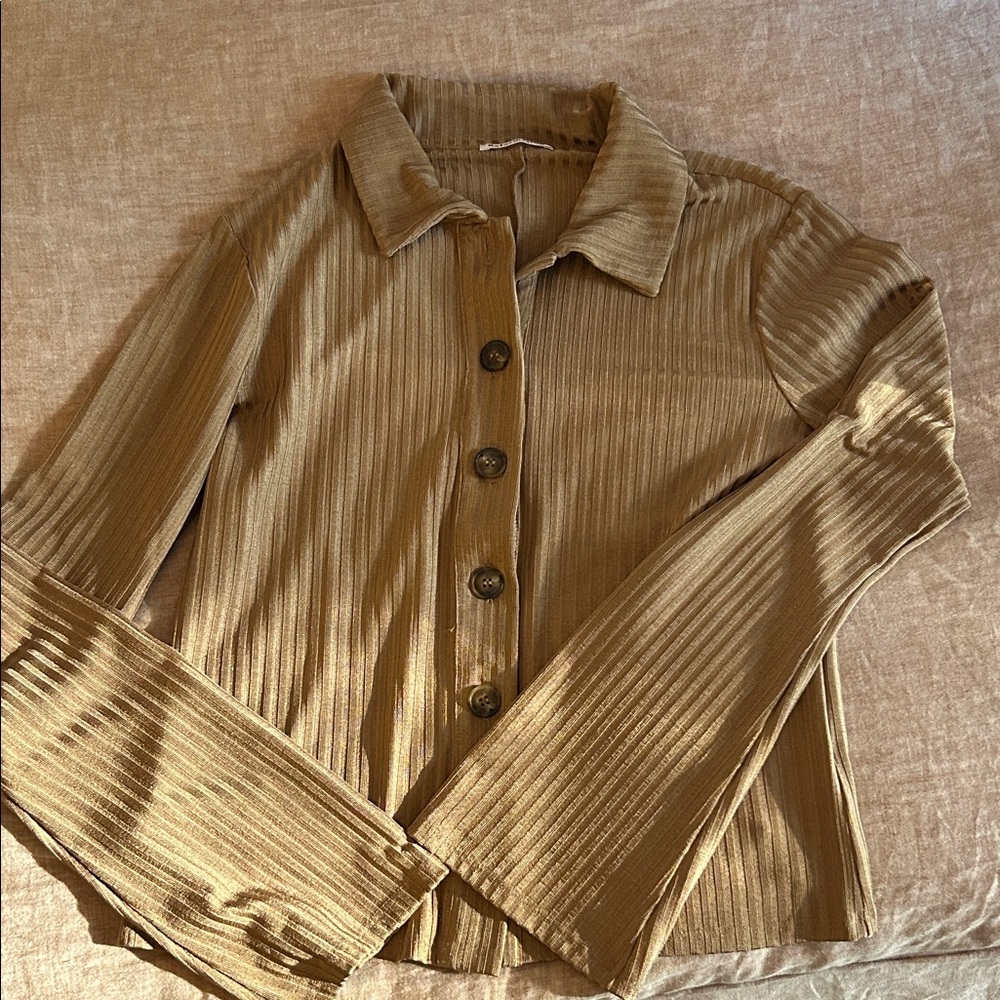 Reformation Ribbed Button-Down Shirt in Tan